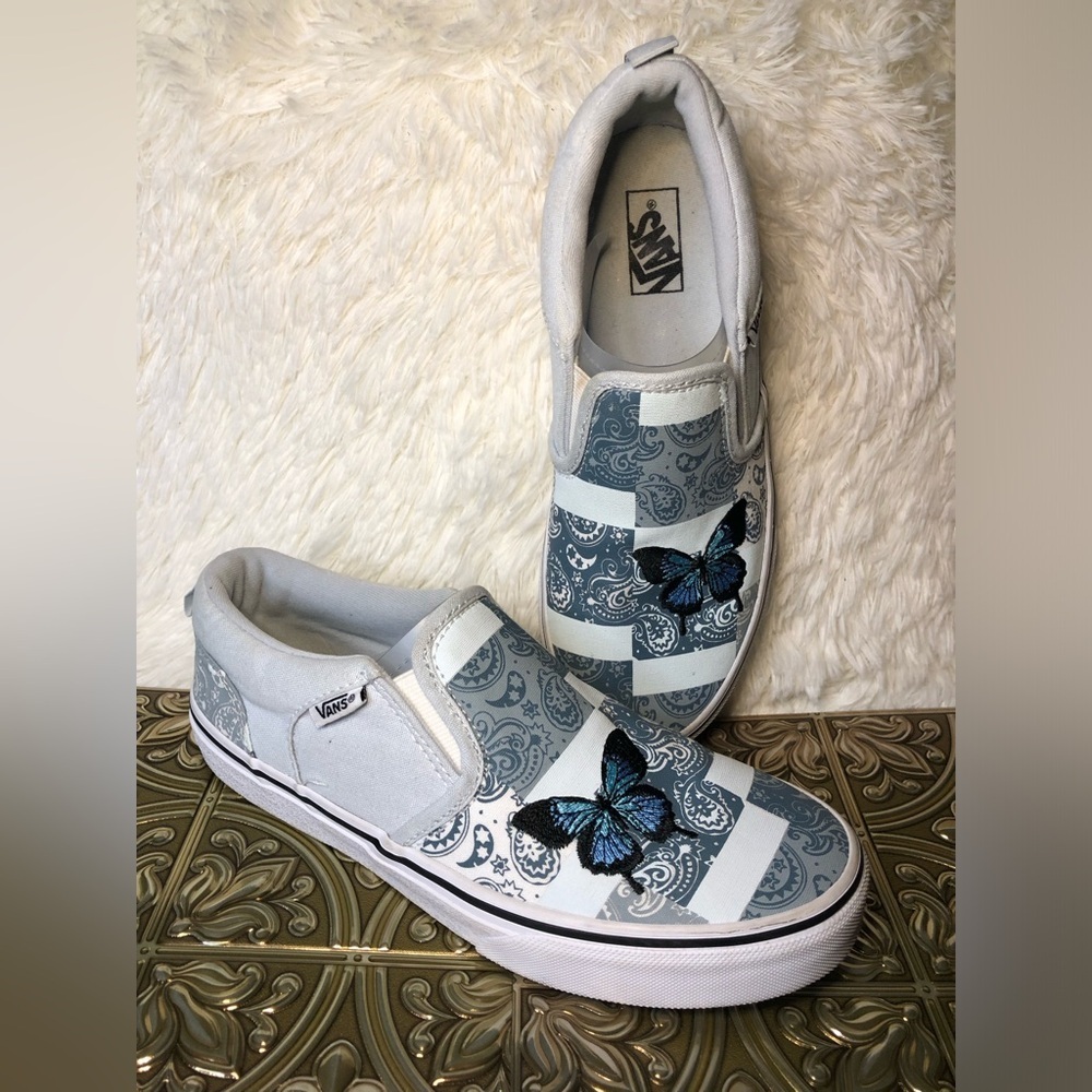 Vans Slip-On Patchwork Sneakers - White and Blue with Butterfly Missy 5 - Picture 14 of 16